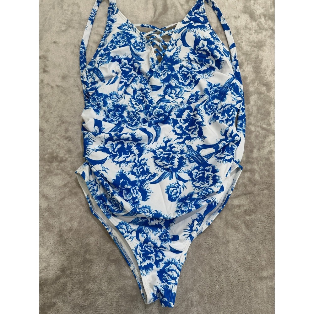 Pink Blush One Piece Bathing Suit Size Small Blue White Floral Criss Cross Lace